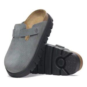 Birkenstock Boston Chunky Suede Leather Color: Basalt Gray/ Black